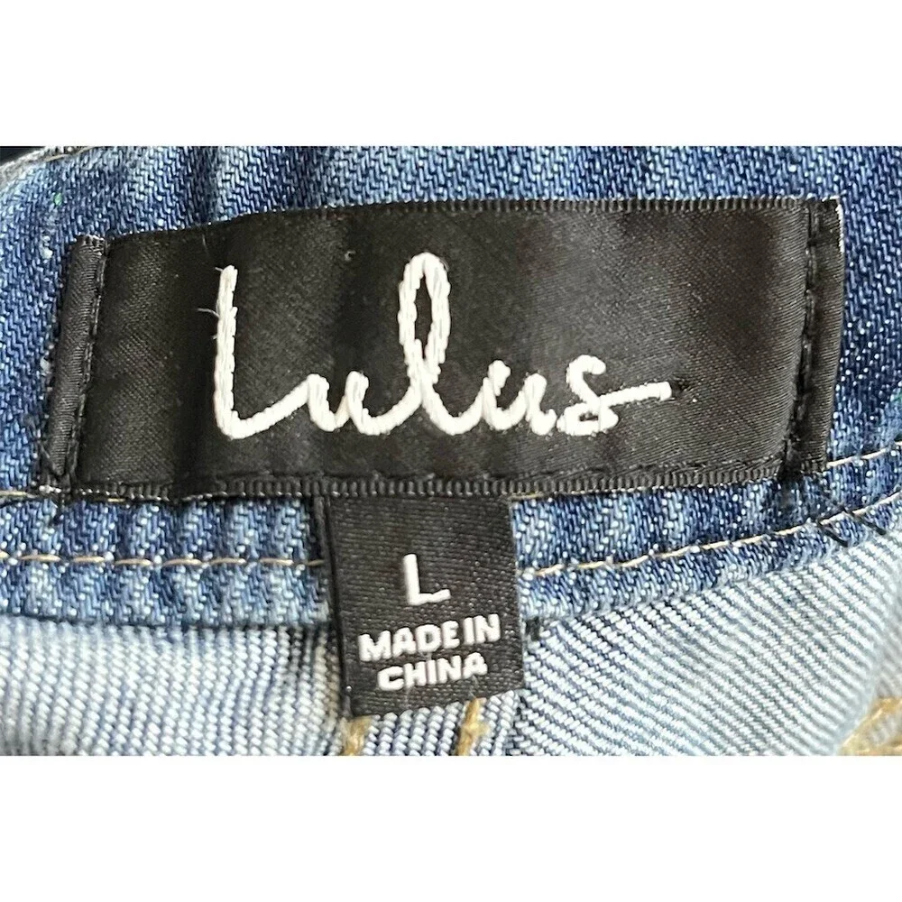 Lulus Women’s Denim Bib Overalls L Blue Distressed Straight Leg Adjustable